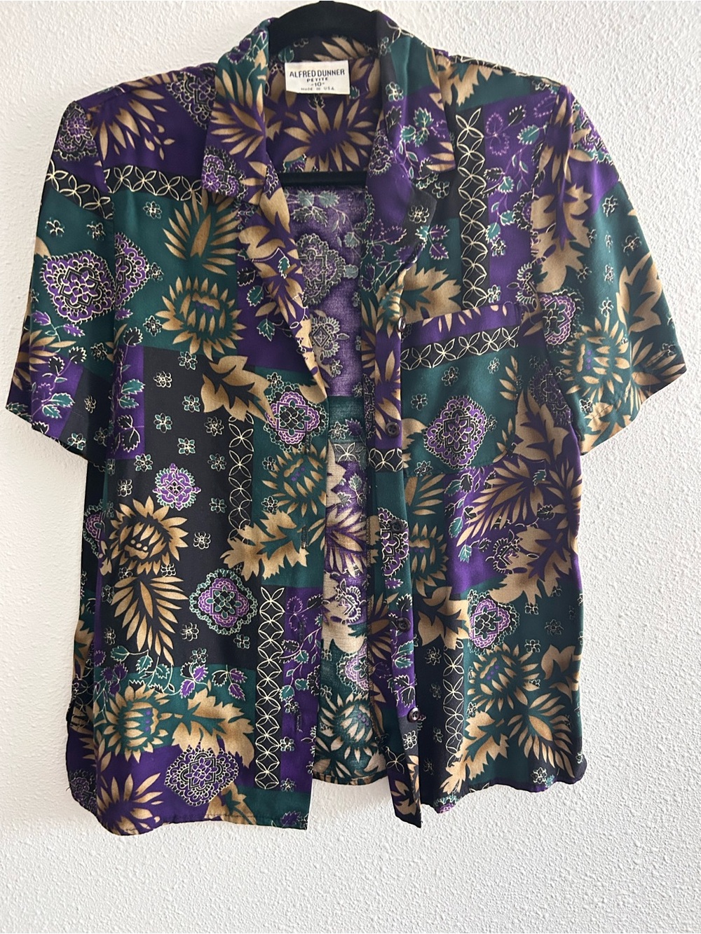 Alfred Dunner Green Purple Gold Floral Short-Sleeve Button Front Top